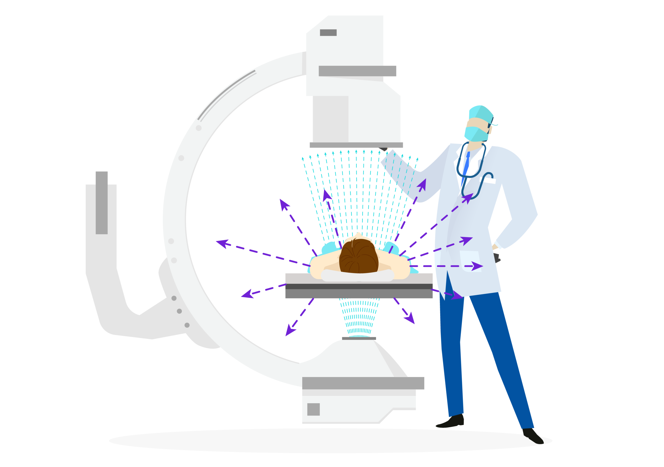 illustration of a c arm emitting direct beam and scatter radiation